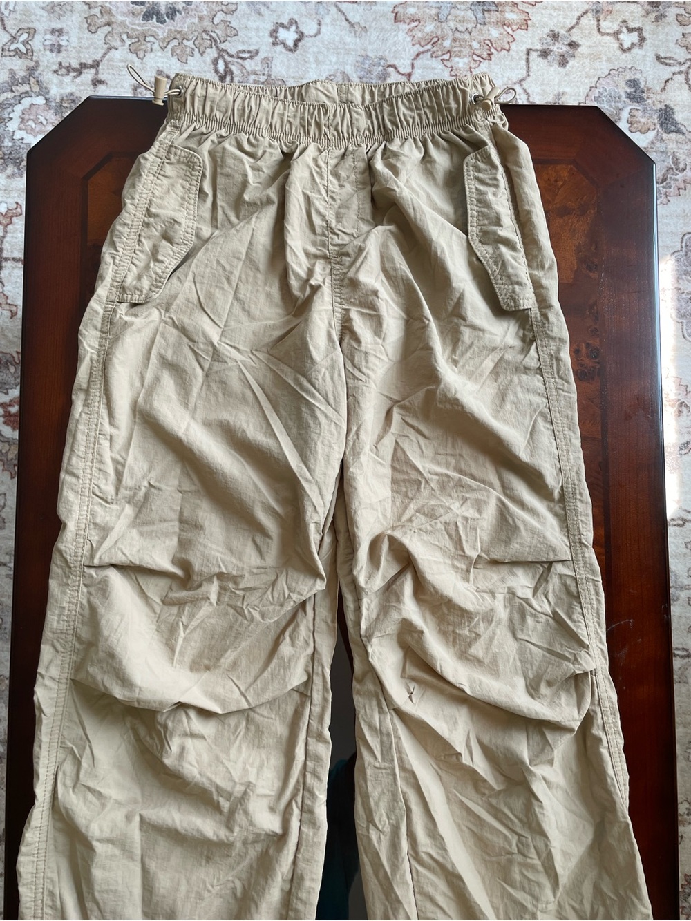 Women’s Beige/Apricot/Khaki Cargo Parachute Pants with elastic adjustable waist